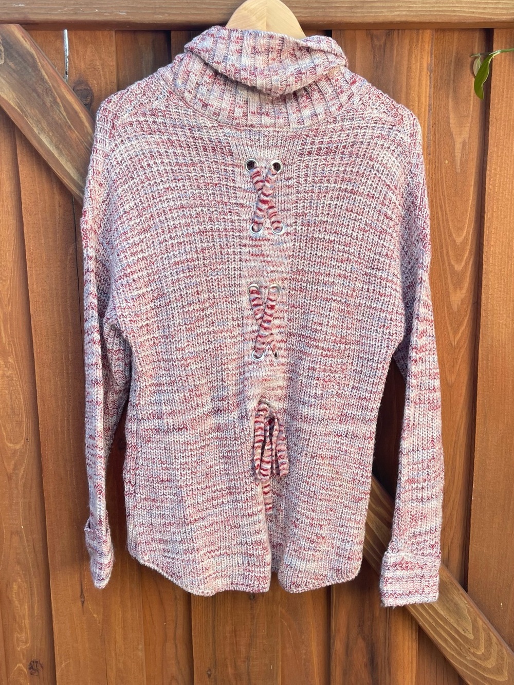 American Rag Cozy Pink Marled Turtleneck Grommet Crisscross Tie Laced Up Sweater